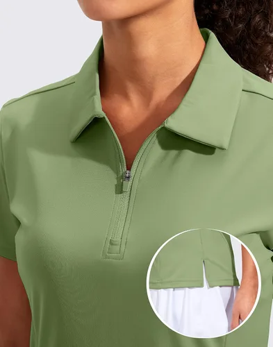 Vista 4 de Viodia Camisa de golf para mujer, manga corta, con cremallera, de secado rápido, elástica, con cuello de tenis, ropa de golf
