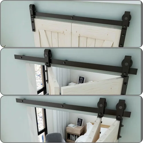 Vista 6 de Kit de herrajes para puerta corrediza de granero de 34 pulgadas, resistente, rodillo de montaje en pared, para puertas plegables dobles de 16