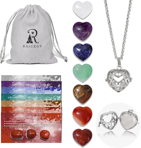 Vista 9 de Raicegs Heart Shaped Crystals and Healing Stones 7 Chakra Crystal Necklace 0.8 inch Heart Gemstones Natural Stones Necklaces for Women Spiritual
