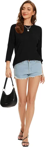 Vista 62 de ZENNILO Camisetas casuales de manga 3/4 para mujer, holgadas, cuello redondo, lindas camisetas básicas
