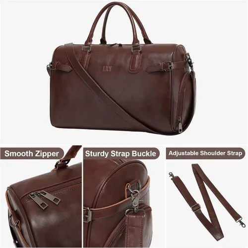 Vista 5 de LXY - Bolsa de viaje de piel vegana, bolsa de viaje para fin de semana con compartimento para zapatos, bolsas de gimnasio para mujeres y hombres