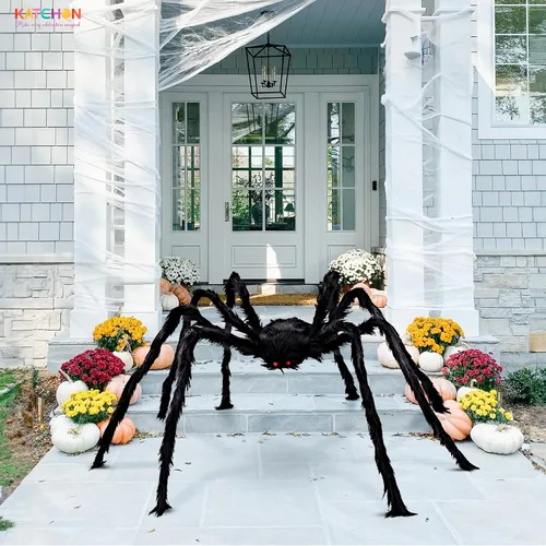 Vista 5 de KatchOn, Araña gigante peluda negra de Halloween, 6.5 pies, araña falsa plegable para decoración de Halloween al aire libre Decoración de verano