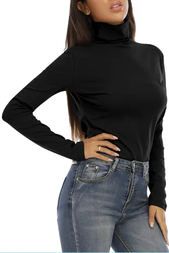 Vista 5 de Camiseta básica de algodón de manga larga de cuello alto para mujer Slim Fit elástico Tee Tops