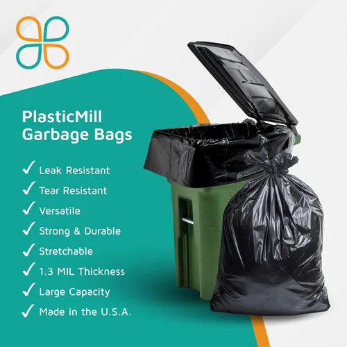 Vista 5 de PlasticMill Bolsas de basura de 100 galones: Negro, 1.3 mil, 67x79, 10 bolsas.