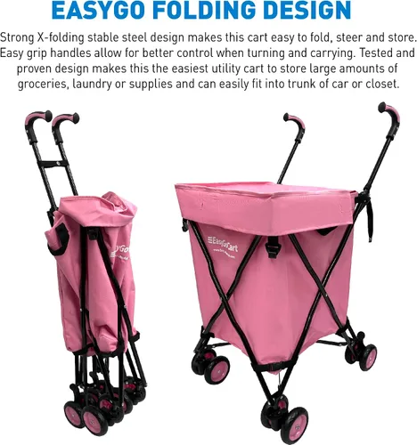 Vista 4 de EasyGo - Carrito de compras plegable con ruedas, lona extraíble, capacidad de 120 libras, color rosa básico