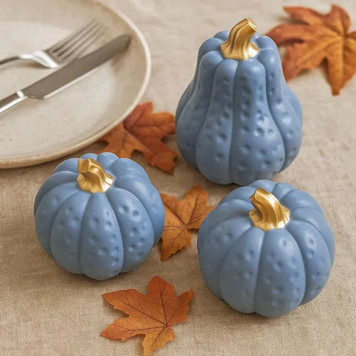 Vista 3 de Yookeer 3 piezas de decoración de calabaza de otoño de Acción de Gracias de resina azul dorado calabazas decorativas de otoño de Acción de Gracias