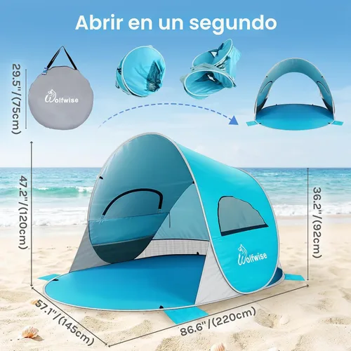 Vista 3 de WolfWise carpa para playa desplegable fácil de armar con FPS 50+, brinda sombra y protección al instante Azul