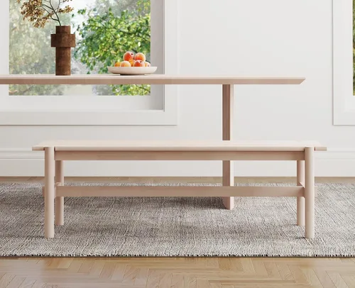 Vista 7 de EALSON Banco de madera maciza moderno de 55 pulgadas de largo, banco de comedor para dormitorio, cocina, pasillo, sala de estar, blanco lavado