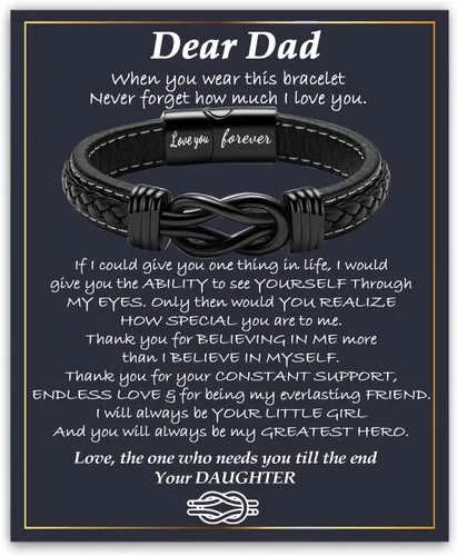 Vista 18 de Gifts for Men Infinity Leather Bracelet for Dad New Daddy Husband Boyfriend Son Grandson Brother Nephew Uncle Black Braided Engraved Leather Jewelry