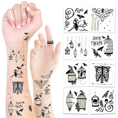 Vista 8 de Cheerland Tatuajes de Halloween, esqueleto, tatuajes temporales, negro y blanco, gótico, recuerdos de fiesta de cumpleaños, tatuajes de temperatura