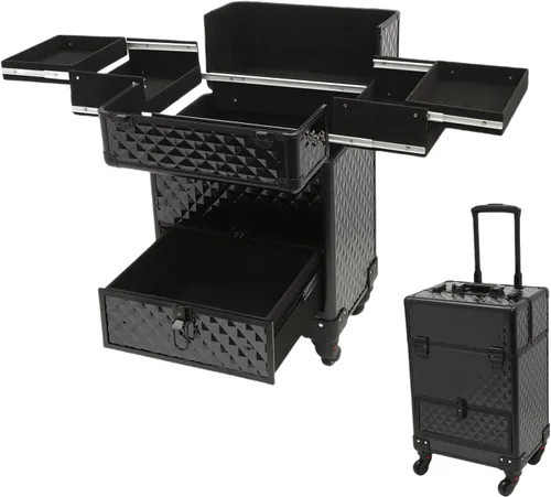 Vista 13 de Estuche de maquillaje con ruedas para cosméticos, carrito grande para cosméticos con cerraduras, organizador de almacenamiento de cosméticos, Negro