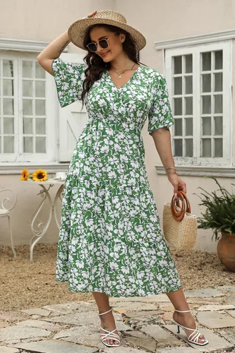 Vista 2 de Keluummi Vestido de verano para mujer, casual, bohemio, floral, manga 34, cintura imperio, escalonado, vestido de invitada de boda con bolsillo