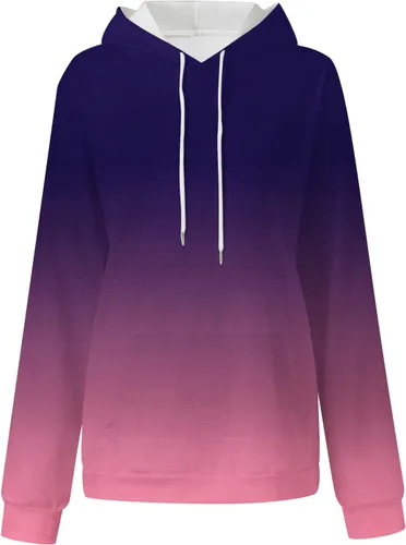 Vista 3 de Sudaderas con capucha de color degradado para mujer, de manga larga, con cordón, casual, ajuste holgado