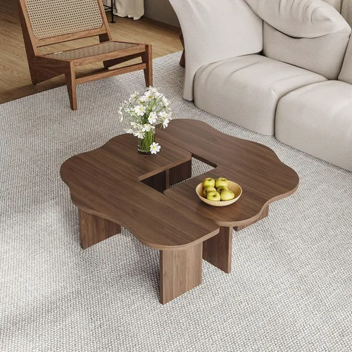 Vista 3 de Mesa de centro irregular 2 en 1 para sala de estar, mesas modernas de mediados de siglo para espacios pequeños, juego de mesa auxiliar modular