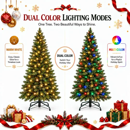 Vista 4 de GarveeLife Árbol de Navidad artificial preiluminado de 6 pies, luces de Ramas mixtas de HC-PVC, fácil configuración de sección, forma lista