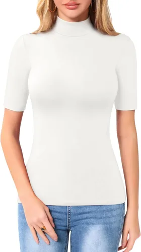 Vista 2 de MANGOPOP Camiseta de manga corta de 34 con cuello alto falso para mujer, corte ajustado, media codo
