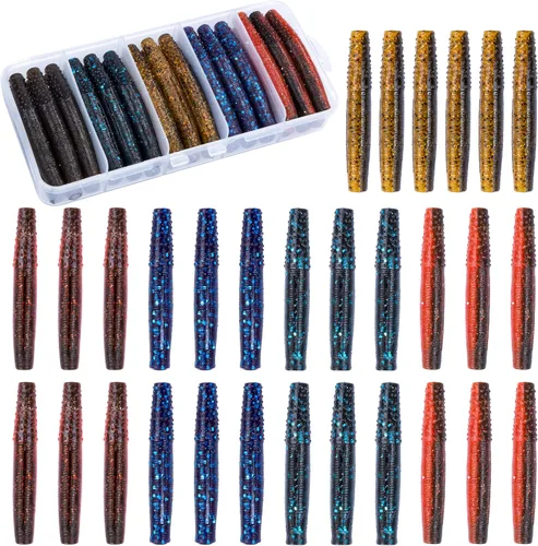 Vista 7 de Soft Plastic Worm Fishing Lures Kit, Finesse TRD Stick Worms and Ned Rig Baits with Jig Heads for Bass Fishing, Freshwater Bass Soft Baits