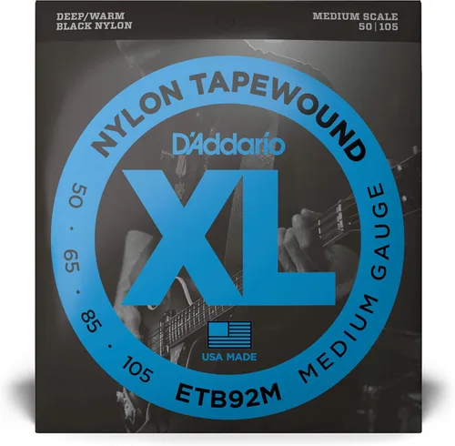 Vista 2 de D'Addario Cuerdas para Bajo, Enrolladas en Cinta Negra de Nylon, ETB92M, Escala Media, Calibre Medio 50-105, Juego de 4 Cuerdas, Paquete de 1