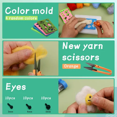 Vista 6 de Kit de fieltro con aguja Mayboos, juego de lana mecha de 20 colores, kit de fieltro de lana con moldes de fieltro y caja de almacenamiento portátil
