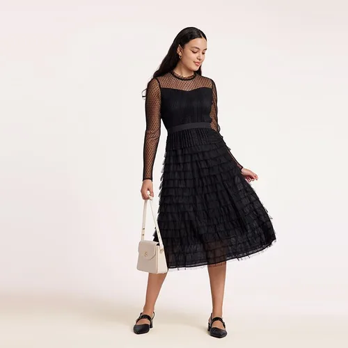 Vista 2 de Vestidos midi de gasa de manga larga para mujer, con capas, para invitadas de boda, cóctel, baile, fiesta de noche