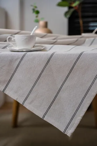 Vista 5 de ArtBud Manteles de Lino de Algodón Boho Estilo Granja Tela Pesada Cubierta de Mesa Arpillera a Rayas Lavable Superficie de Mesa para Fiestas Café