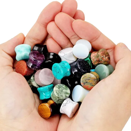 Vista 15 de Qmcandy - Juego de 6 pares / 16 pares de dilatadores para las orejas, de piedra mixta, expansores, conjunto de perforación corporal calibre 8G a 3/4