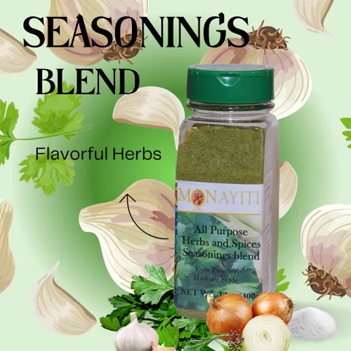 Vista 9 de Monayiti Epis Haitian Style Seasoning 14oz (400g). Condimentos en polvo. Mezcla de perejil, cebolla, ajo, base de pollo, sal, especias. No vegano.