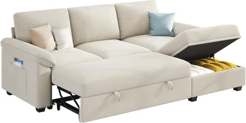 Vista 9 de VanAcc Sofá cama de 81 pulgadas, sofá cama con almacenamiento, sofá Beige
