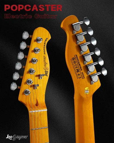 Vista 4 de Leo Jaymz Guitarra eléctrica en color brillante, cuerpo de caoba de alto brillo y cuello de arce duro, golpeador acrílico transparente de alta