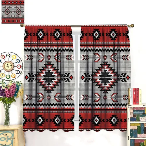 Vista 69 de Cortinas con patrón geométrico tribal, estilo suroeste, azteca, rústico, occidental, nativo americano, opacas, con bolsillo para barra, decoración