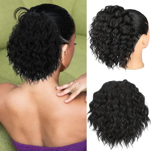 Vista 15 de Matriarchs Extensión de cola de caballo rizada de 24 pulgadas, cola de caballo con cordón para mujeres negras, sintética, larga, afro, rizada y 1b