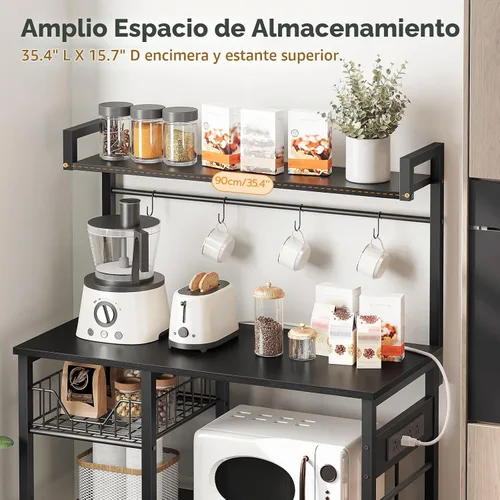 Vista 3 de HOOBRO Estante de Panadero de Cocina con Toma de Corriente, Barra de Café, Soporte para Horno de Microondas con Canasta de Malla, Estación de Café