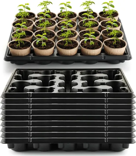 Vista 17 de RooTrimmer Macetas de turba de 3.15 pulgadas, 100 piezas con bandejas de plántulas de 20 celdas, 5 unidades, macetas biodegradables para inicio