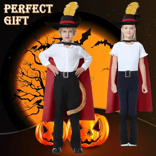 Vista 3 de Lydoesy Kids Puss Costume Cosplay Outfits Cat Boots Cape with Hat Tail Belt Boot Covers for Boys Girls Halloween