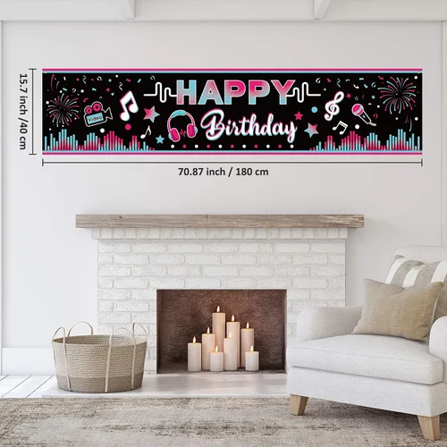 Vista 2 de Cartel de feliz cumpleaños de 71 x 16 pulgadas, decoración grande de tela para fiesta musical, telón de fondo, telón de fondo para cabina de fotos