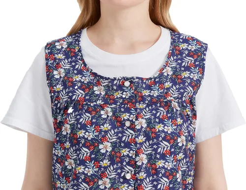 Vista 7 de Nanxson Delantal de zapatero para mujer con 2 bolsillos de parche, babero estampado de algodón, bata con botones para cocina de chef de trabajo
