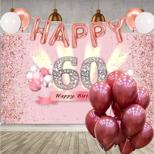 Vista 4 de Decoraciones de cumpleaños número 60 para mujer, cartel de fondo de feliz cumpleaños, cartel de tela para fiesta de aniversario de 60 años, póster