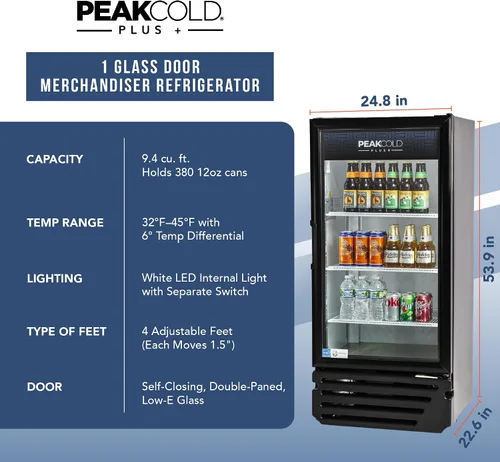 Vista 6 de PEAKCOLD + Refrigerador vertical de 1 puerta - Refrigerador comercial negro de 9.4 pies cúbicos de bajo consumo con puerta de vidrio