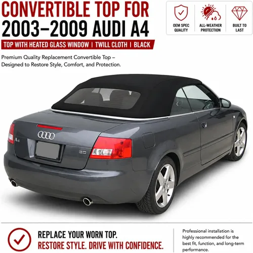 Vista 2 de Repuesto superior suave convertible para Audi A4 Cabriolet (2003-2009), tapa convertible de tela de sarga en color negro con ventana de vidrio