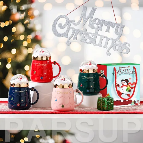 Vista 7 de Taza navideña PARSUP, lindas tazas de té de cerámica con tapa de Santa, taza novedosa para leche, café, chocolate caliente, regalo para mujeres