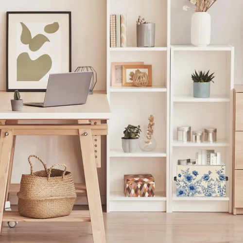 Vista 4 de Caja de Almacenamiento Floral Rústica Azul y Blanca con Asas, Canasta Organizadora Plegable Botánica de Flores Grandmillennial Caja de Juguetes