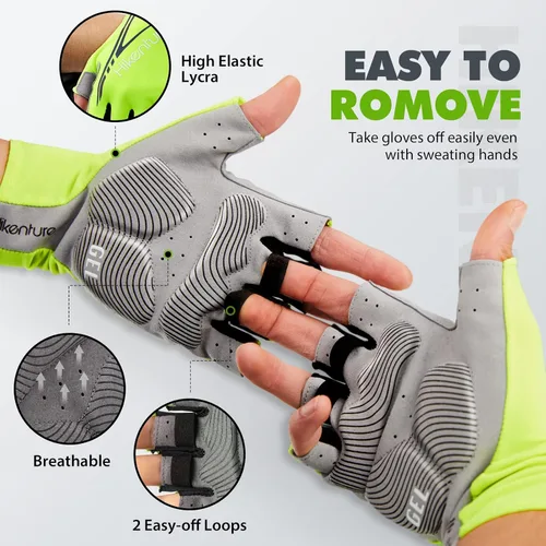 Vista 6 de Hikenture Guantes de ciclismo para hombre, guantes de bicicleta, guantes de ciclismo acolchados de 0.197in, guantes de bicicleta de medio dedo