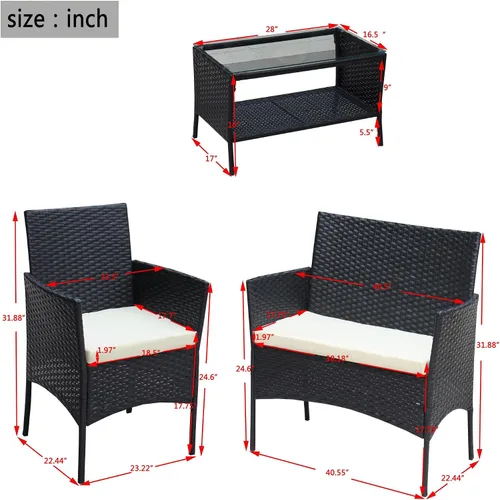 Vista 7 de Juego de sofá de ratán para exteriores, 4 piezas, juego de muebles de mimbre para patio, silla acolchada y mesa de centro (cojín beige)