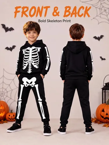 Vista 4 de uideazone Boys Halloween Skeleton Hoodie Pants Set Glow in the Dark 5-12Y
