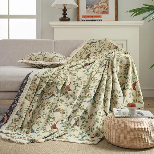 Vista 5 de vctops Fundas de sofá jacquard vintage para sofá seccional patrón de pájaros funda de sofá con flecos para perros fundas de sofá de dos plazas funda