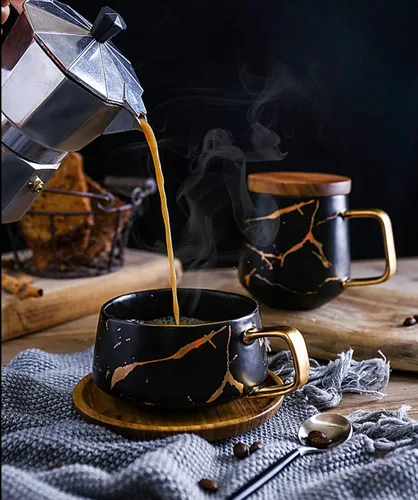 Vista 5 de Jusalpha Juego de taza de té de 10 oz con impresión de mano dorada y platillo/Juego de taza de café y platillo de bambú TCS19 (Negro)