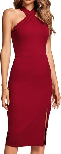 Vista 5 de Rooscier Vestido midi de fiesta para mujer con cuello halter y abertura lateral sin mangas
