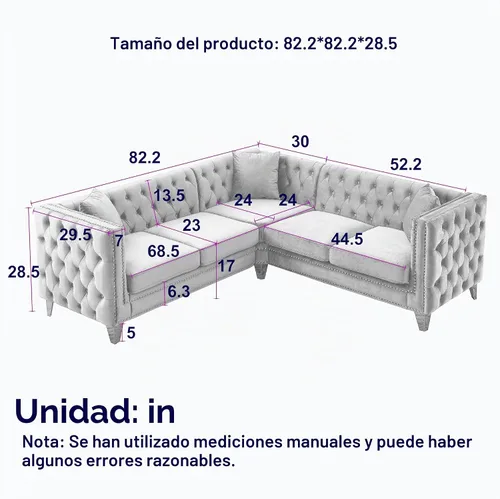 Vista 2 de mikibama - Sofá seccional modular de terciopelo, sofá moderno en forma de L con detalles de tachas, sofá de esquina de 5 plazas para sala de estar