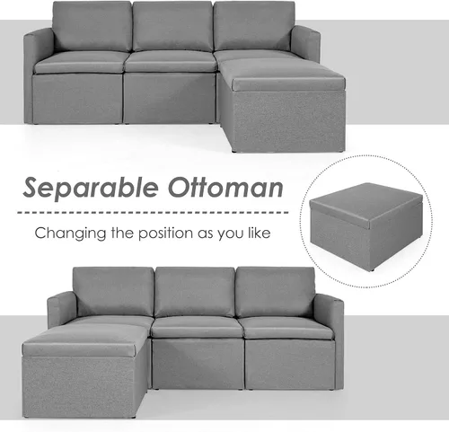 Vista 5 de POWERSTONE Sofá seccional convertible moderno en forma de L con tumbona reversible de 3 asientos, cómodo sofá de tela de lino para sala de estar