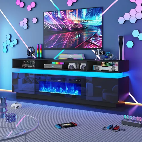 Vista 9 de chartustriable Soporte de TV LED para TV de 80 pulgadas, centro de entretenimiento alto moderno con tomas de corriente, soporte de TV de alto
